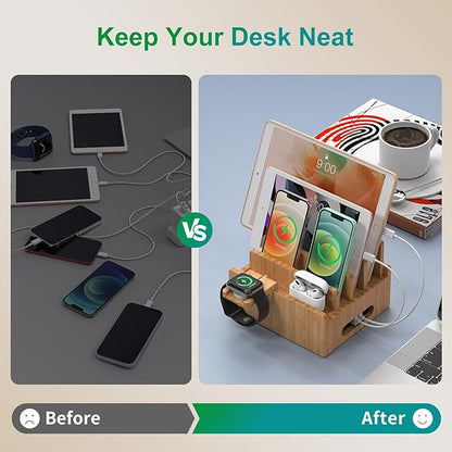Pezin & Hulin Cell Phone Charging Stations, Bamboo Dock Organizer for Multi Devices, Tablets, Smart Watch, with Pack 5 Cables, No Power Charger Supply