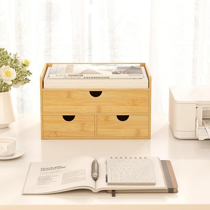 Desk Organizer with Drawers - Bamboo Desktop Organizer Storage | Wood Desk Drawers Organizer for Bills, Office Supplies, Cosmetics, Seals No Assembly Required