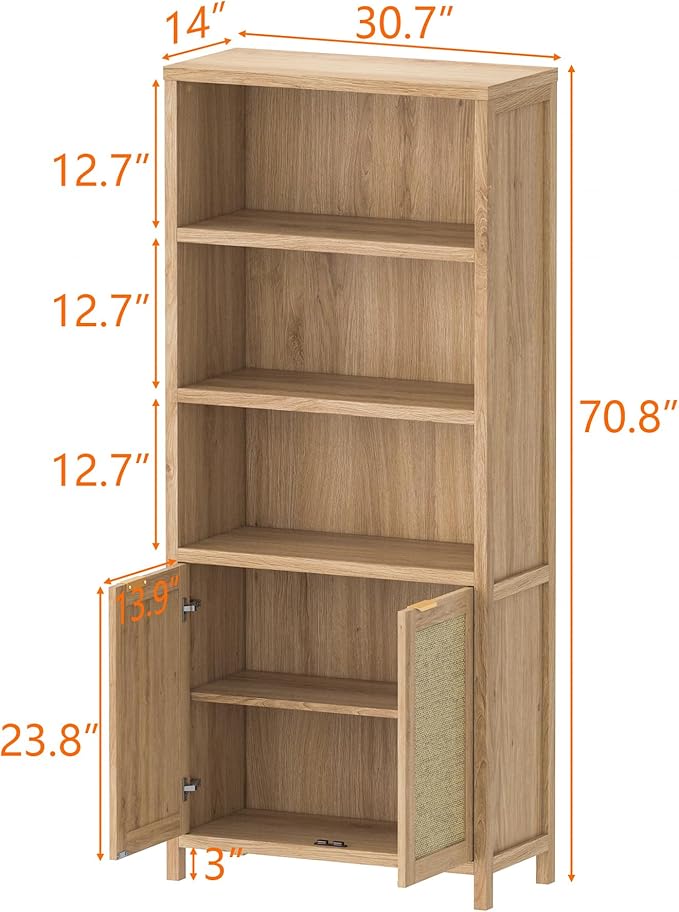 Bookshelf, 71" Tall Bookcase with Doors, 5 Tier Wooden Bookshelf Open Shelf Bookcase, Modern Farmhouse Bookshelves for Office, Library, Living Room (Set of 2)