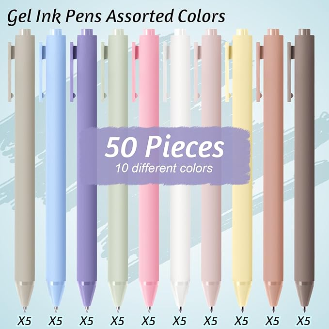Crtiin 50 Pcs Gel Ink Pens Bulk, Black Ink 0.5mm Fine Point Retractable Pen Smooth Writing Office School Supplies for Teacher Server Operation Christmas Charity Donation Thanksgiving (Pastel Colors)