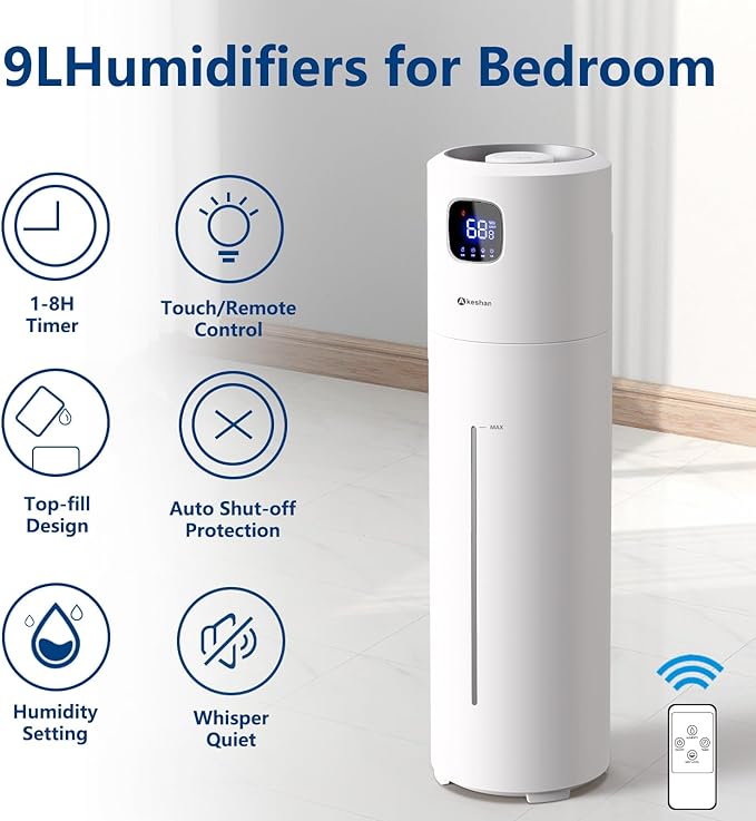 Large Humidifiers for Bedroom, 9L/2.5Gal Ultrasonic Cool Mist, Easy Clean with 350ML/H Large Mist Speed, Quiet Tower, Suitable for Kids Room Plant Yoga (White)
