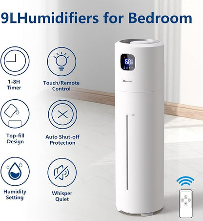 Large Humidifiers for Bedroom, 9L/2.5Gal Ultrasonic Cool Mist, Easy Clean with 350ML/H Large Mist Speed, Quiet Tower, Suitable for Kids Room Plant Yoga (White)