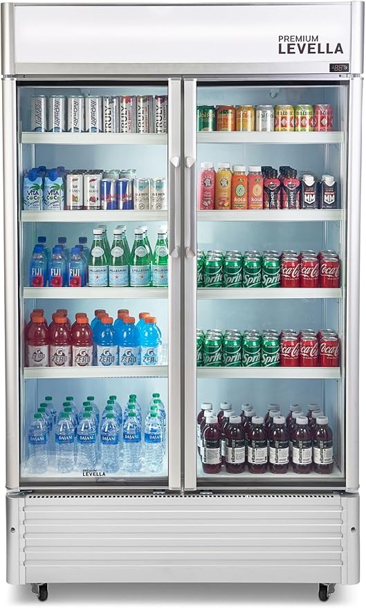 PremiumLevella PRN2110DX Glass Door Display Refrigerator 21.1 cu ft Commercial Beverage Cooler Merchandiser With Customizable Lightbox - Silver