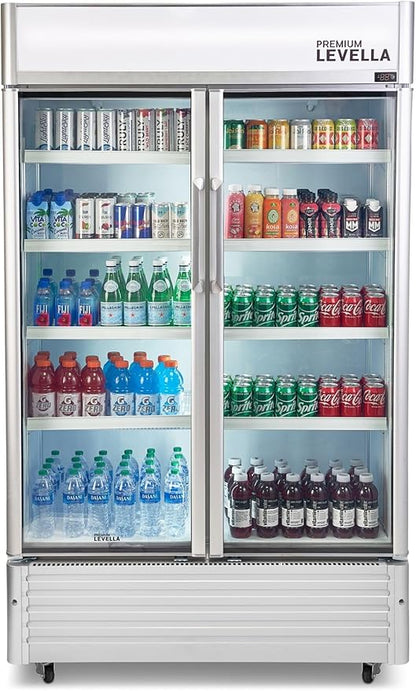 PremiumLevella PRN2110DX Glass Door Display Refrigerator 21.1 cu ft Commercial Beverage Cooler Merchandiser With Customizable Lightbox - Silver