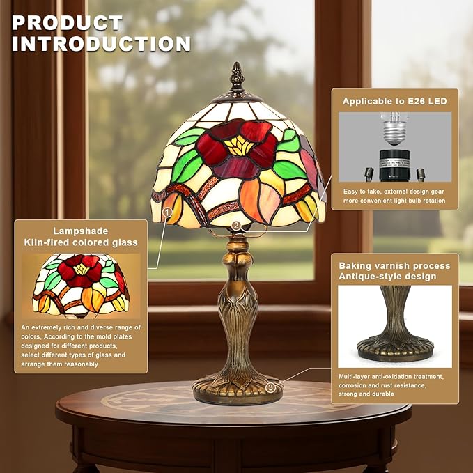 Stained Glass Lamp, Haitang Flower Table Lamp, 8 Inch Small Antique Lamp, for Bedside Nightstand Bedroom Living Room Home Office