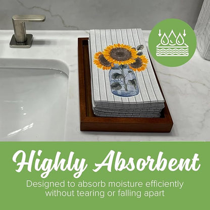 SimuLinen Decorative Sunflower Disposable Bathroom Guest Towels - Cloth-Like, Single-Use, Linen Feel Paper Towels, 12x17", 100ct (Made in Germany)