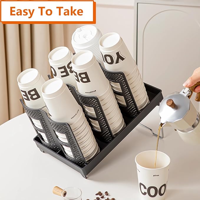 Cup and Lid Holder, CIT ZCFYU Adjustable Coffee Cup Organizer 6 Compartment, Disposable Paper Cup Dispenser fits 8-22oz, Plastic Cup Storage Rack for Coffee Station Bar Countertop Breakroom, Station