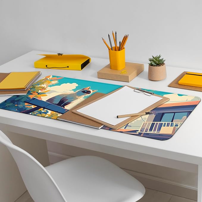 Anime Cute Cat with Sky Backgound Gaming Mouse Pad with Non-Slip Rubber Base, Large Kawaii Mousepad with Stitched Edges, Long Keyboard Mat for Laptop and Mouse, 31.5 x 11.8 inches