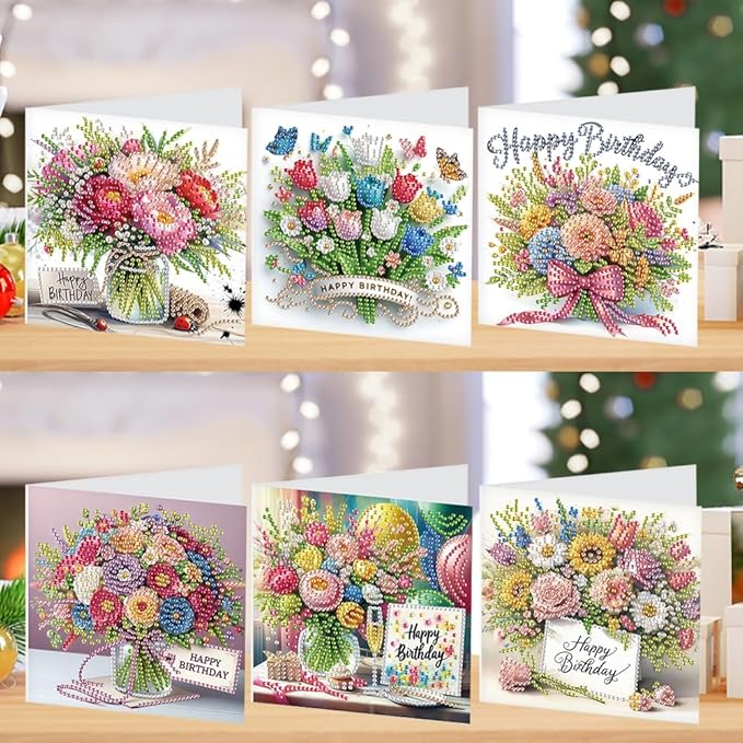 6PCS Diamond Art Painting Greeting Card Set, Bouquet Pattern DIY Cards with Envelopes for Xmas Birthdays Special Occasion Blessing