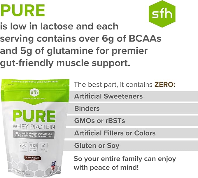 SFH Pure Whey Protein Powder (Chocolate) Best Tasting Grass Fed Whey | All Natural | Non-GMO, No Artificials, Soy Free, Gluten Free | (Chocolate, 31.6 Ounce (Pack of 1)