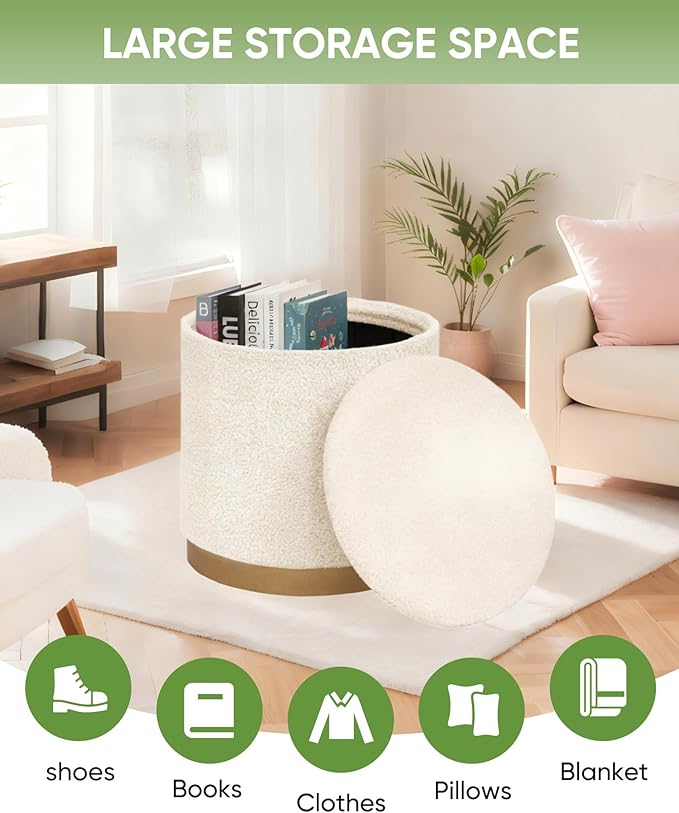 B FSOBEIIALEO Ottoman with Stroage, Round Boucle Storage Ottoman with Gold Plating Base,Foot Rest Stool for Dorm Room, Living Room White, 16.73"x16.73"x17.72"