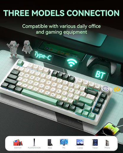 LEOBOG HI75C Pro Gaming Keyboard, RGB Backlit Bluetooth/USB-C/Wireless Mechanical Keyboard, Hot Swappable Creamy Keyboards for PC/MAC/Windows Gamer - Ice Vein Switch, Green