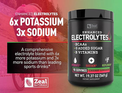 Zeal Electrolyte Powder - 90 Servings | Keto Electrolytes Powder | Zero Sugar, BCAAs, B-Vitamins | Potassium, Zinc, Magnesium | Hydration Powder Recovery Drink | Cherry Limeade