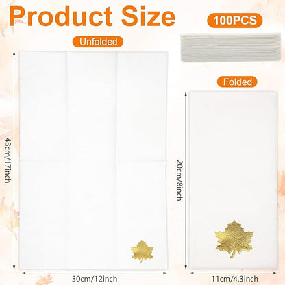 Janlaugh 100 Pcs Gold Thanksgiving Linen Disposable Bathroom Hand Towels Pumpkin Maple Leaves Foil Stamped Guest Napkins 12"x17" Paper Towels for Bathroom Home Lunch Dinner Kitchen(Maple Leaf)