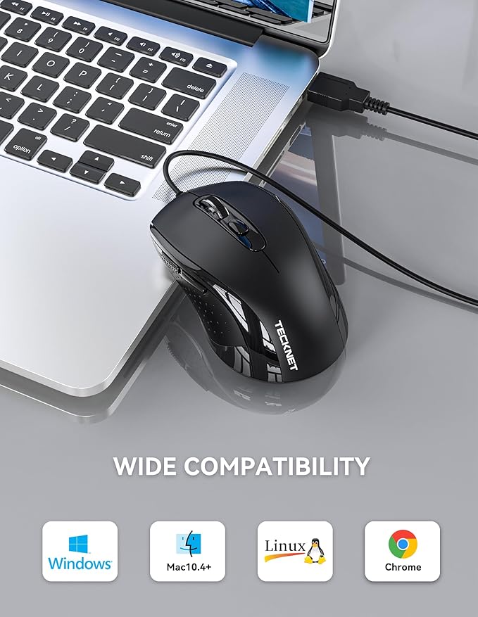 TECKNET Wired Mouse, USB Wired Computer Mice, 3600DPI 4 Adjustable Levels, 6-Button Ergonomic Mouse for Laptop PC Desktop Notebook - Black