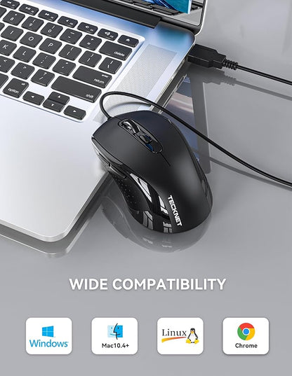 TECKNET Wired Mouse, USB Wired Computer Mice, 3600DPI 4 Adjustable Levels, 6-Button Ergonomic Mouse for Laptop PC Desktop Notebook - Black