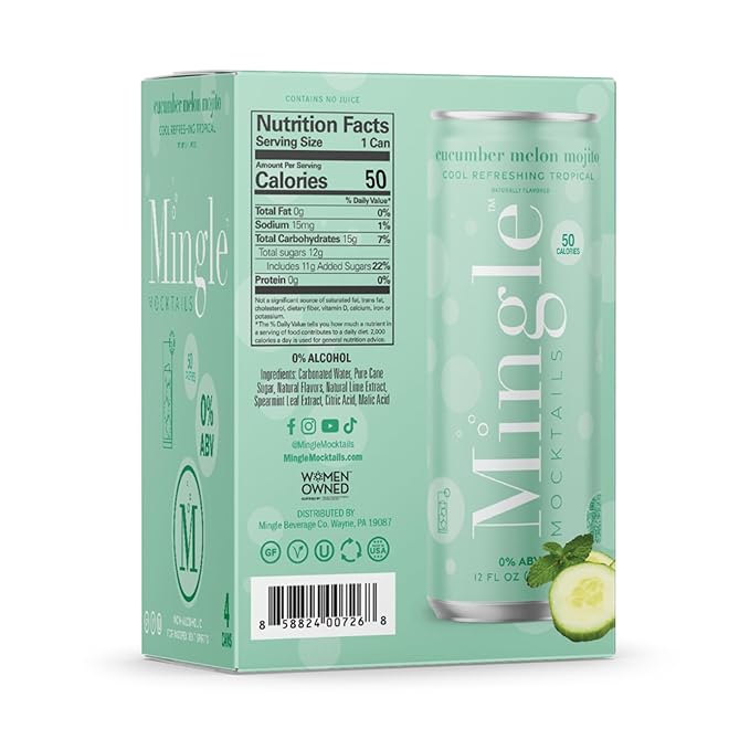 Mingle Mocktails - Blackberry Hibiscus Bellini, Cranberry Cosmo, Key Lime Margarita, Blood Orange Elderflower Mimosa, Cucumber Melon Mojito, Sparkling Raspberry Rose, Variety Pack, Premium Non Alcoholic Cocktails,12 FL OZ Cans (24 Pack Cans)