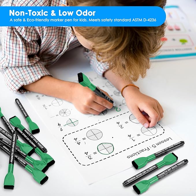 maxtek Dry Erase Markers - 6 Count Green Magnetic Dry Erase Markers Fine Tip with Eraser, Low Odor Whiteboard Markers for Calendar Boards