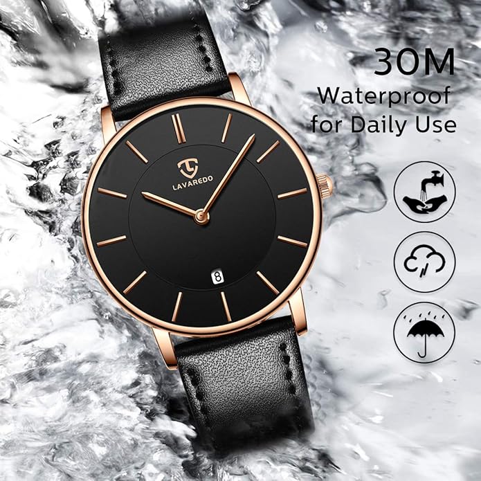 L LAVAREDO Watch for Men, Extremely Thin Mens Watches Minimalist Analog Men's Leather Wrist Watches with Time/Date, Birthday Gift for Men Boyfriend