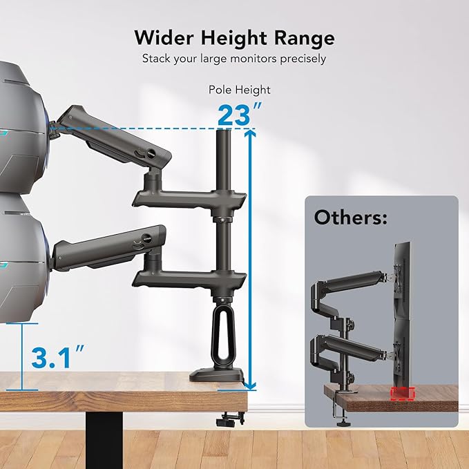 HUANUO Dual Monitor Arm for 13-49" Ultrawide Screens up to 40 lbs, Heavy Duty Aluminum Extra Tall Monitor Desk Mount, Vertical Stacked Fully Adjustable Dual Monitor Mount, Max VESA 100x100