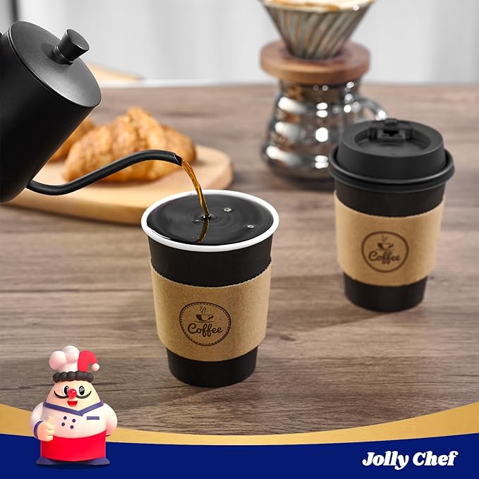 JOLLY CHEF 100 Pack 12 oz Coffee Cups with Lids, Sleeves and Stirrers, Disposable Black Hot Paper Coffee Cups for all Kinds of Beverages