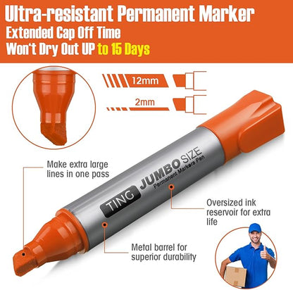 Fuutreo 10 Pack Jumbo Permanent Markers Bulk Large Chisel Tip Permanent Markers Quick Drying Waterproof Big Huge Poster Pens for Office, Logistics Company and More(Orange)