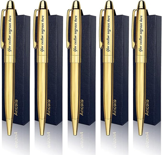 Ancolo Personalized Retractable Ballpoint Pens Stainless Steel Fancy Pens Engraved with Your Name Logo or Message, Phone Number Black ink Perfect for Bank, Office, Hotel 5 Pcs/Pack