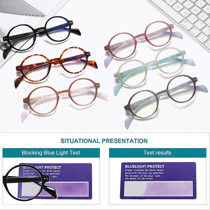 Kerecsen 6 Pack Vintage Round Reading Glasses for Women & Men Blue Light Blocking, Spring Hinge Design, Reading & Office Use