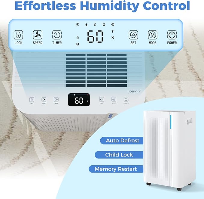 COSTWAY 54 Pints Dehumidifier for Basement, 4500 Sq.Ft Portable Dehumidifier with Drain Hose, 1.1 Gal Water Tank, 3 Modes, 24 H Timer, 3-Color Light, Auto Defrost, Memory, Child Lock