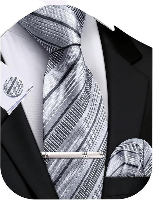 DiBanGu Mens Extra Long Tie 70inches Necktie and Pocktie Square Cufflinks Silk Ties for Tall Men with Tie Clip Wedding Party