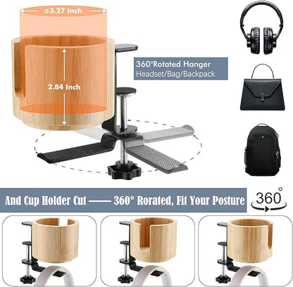Nnewvante Desk Cup Holder, 2 in 1 360° Rotating Headphone Hanger Under Desk, 360° Anti-Spill Cup Holder, Table Cup Holder for Water Bottles, Gaming Desk Accessories - Bamboo