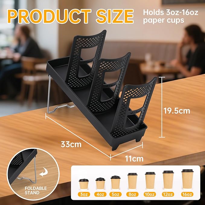 WIN&YING Coffee Cup Holder, Paper Cup and Lid Holder, Universal Disposable Cup Dispenser for Coffee Stations & Restaurant, Bar, Breakroom (Single Row - 3 Slots)