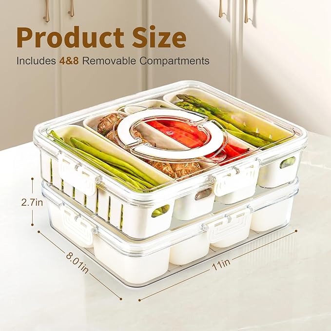 Snackle Box Container,2 Pack Divided Clear Snack Box Serving Tray with Lid and Handle,Charcuterie Board with Lid, Snack Organizer for Beach Picnic, Refrigerator Fresh, Party, Holidays and Travel