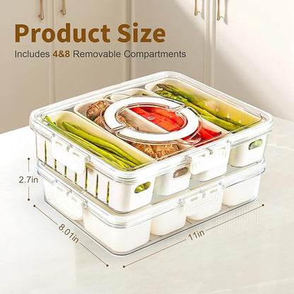 Snackle Box Container,2 Pack Divided Clear Snack Box Serving Tray with Lid and Handle,Charcuterie Board with Lid, Snack Organizer for Beach Picnic, Refrigerator Fresh, Party, Holidays and Travel