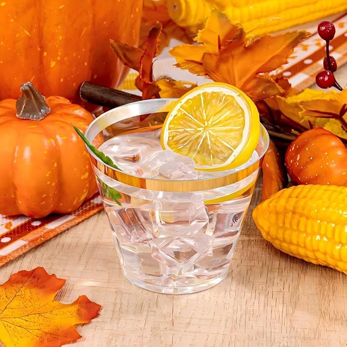 WELLIFE 200 PCS Gold Plastic Cups,9 oz Clear Plastic Cups,Disposable Wine Glasses,Plastic Cocktail Glasses for Party and Wedding