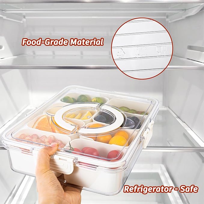 Divided Serving Tray with Lid and Handle - Divided Snack Tray for Portable Snack Platters - Clear Organizer for Candy, Fruits, Nuts, Snacks - Perfect for Party, Entertaining，2 pcs