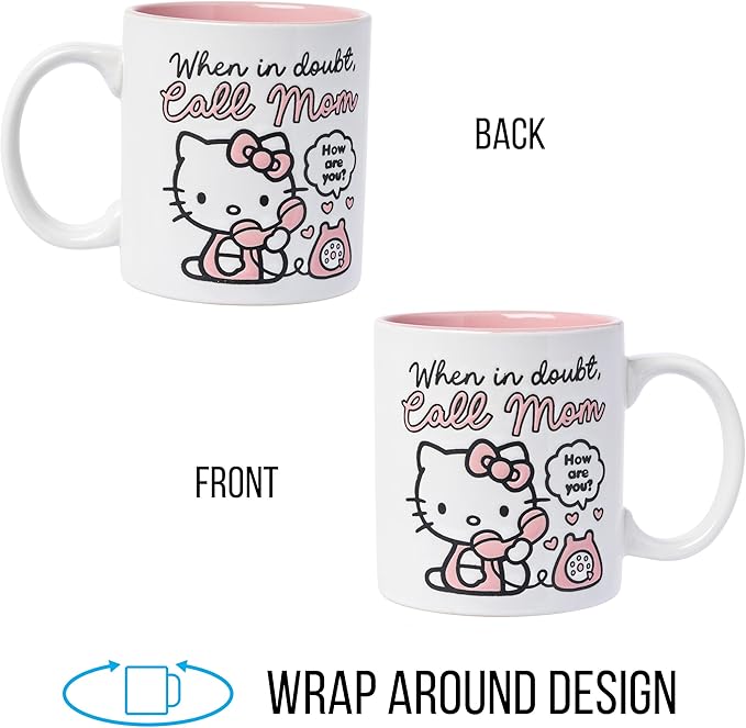 Silver Buffalo Sanrio Hello Kitty “When in Doubt, Call Mom” Wax Resist Ceramic Mug, 20 Ounces