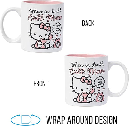 Silver Buffalo Sanrio Hello Kitty “When in Doubt, Call Mom” Wax Resist Ceramic Mug, 20 Ounces