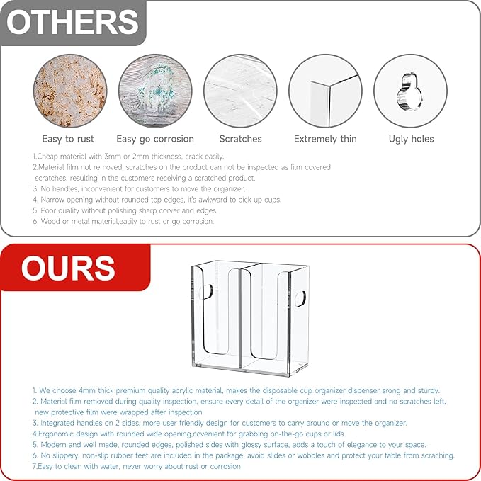 WINFFOR Disposable Cup Organizer Dispenser - 2 Compartments Clear Acrylic Cup and Lid Holder with Handles Plastic Cup Dispenser Countertop Paper Cup Holder for Coffee Bar House Party Essentials