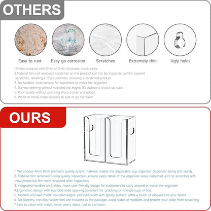 WINFFOR Disposable Cup Organizer Dispenser - 2 Compartments Clear Acrylic Cup and Lid Holder with Handles Plastic Cup Dispenser Countertop Paper Cup Holder for Coffee Bar House Party Essentials