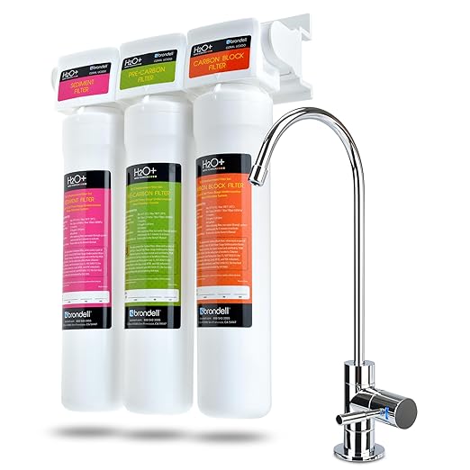 Brondell Coral UC300 Under Sink Water Filtration System – Reduces PFAS, Lead, & Chlorine in Drinking Water, Water Purifier with Designer Chrome Faucet – Quick Change Filter, WQA Gold Seal-Certified