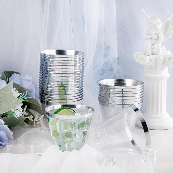 Nervure 120PCS Silver Plastic Cups - 9Oz Silver Rimmed Plastic Cups - Heavy Duty Plastic Cup with Silver Rim Perfect for Weddings, Receptions & Parties