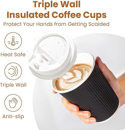 Fit Meal Prep 50 Pack 12 oz Black Disposable Coffee Cups with Lids & Stirrers, Corrugated Triple Wall To Go Hot Cups, Insulated Paper Coffee Cups for Hot Beverages, Travel, Home, Office (White Lids)