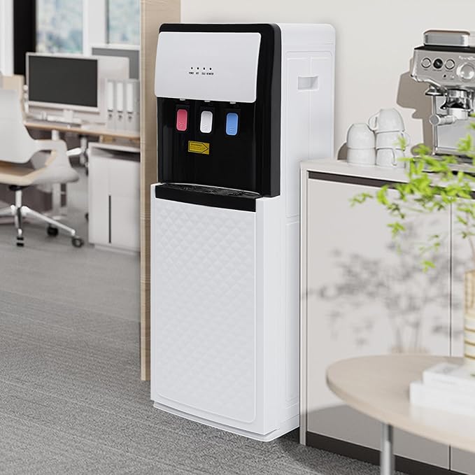Floor Standing Water Cooler, Hot & Cold Standing Water Dispenser, Bottom Loading Water Cooler Dispenser w/ 3 Temperature Settings of Hot, Cold, Room Water for Home, Office (220V, White)
