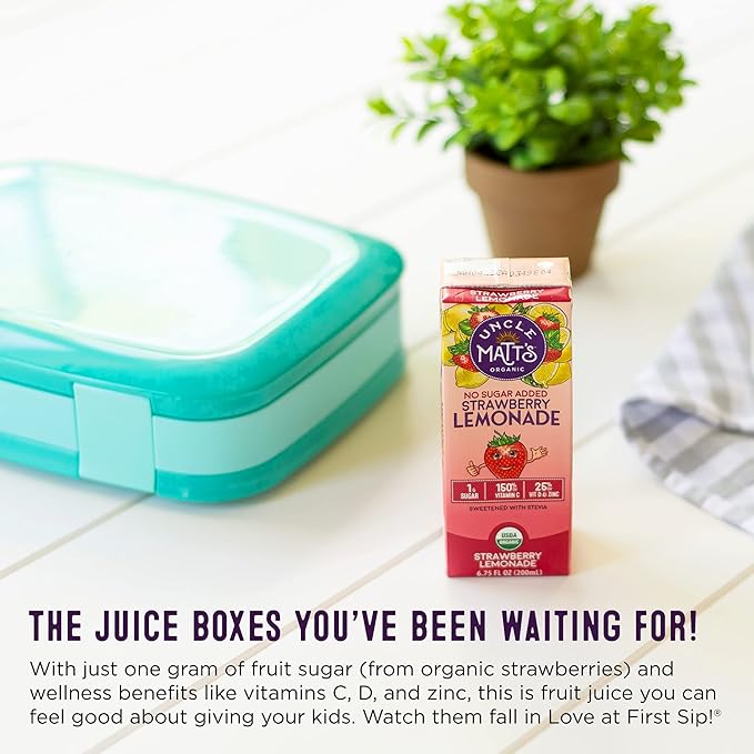 Uncle Matt’s No Sugar Added Strawberry Lemonade Organic Fruit Juice Box for Kids with Vitamin C, D, Zinc, Only 10 Calories, 32 pack of 6.75 oz Boxes