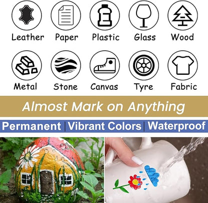 Overseas Gold Paint Pens - Permanent Acrylic Paint Markers 12 Pack, Water-Based, Quick Dry, Waterproof Marker Pen for Rock, Wood, Plastic, Metal, Canvas, Glass, Fabric, Card, Mugs. Medium Tip