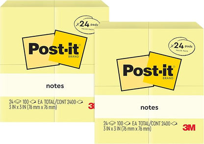 Post-it Notes, 3x3 in, 24 Pads, Canary Yellow, Clean Removal, Recyclable (Pack of 2)