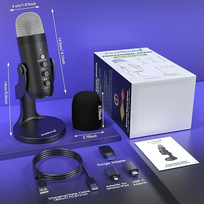 ZealSound Wireless Microphone,USB Mic for iPhone PC iPad Android Phone-Cordless Condenser Desktop Microphones with Mute Echo Monitor Volume Gain 2.4GHz for Podcast,ASMR,Gaming,YouTube Video/K66 Black