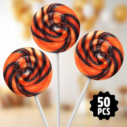 Orange and Black Swirl Lollipops, Pack of 50 Pieces Suckers Individually wrapped, Ideal Lollipops Bulk Supply for Candy Buffets, Vibrant Swirl Suckers for Easy Sharing