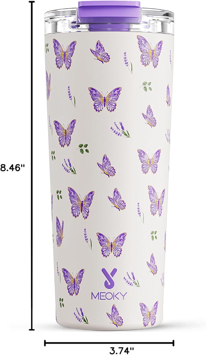Meoky 24 oz Travel Coffee Mug with Leak-proof Lid, Stainless Steel Insulated Coffee Tumbler, Keeps Hot for 8 Hours or Cold for 24 Hours, Fits in Car Cup Holder (Butterfly)